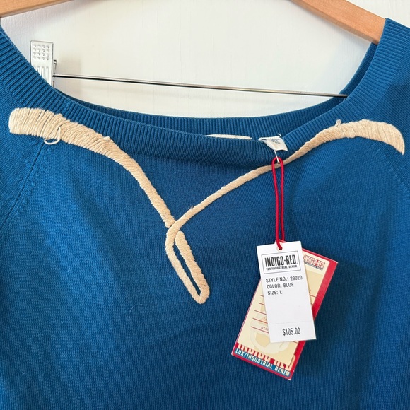 Indigo Blue Long Sleeve Dress with Cream Accents - Picture 3 of 4